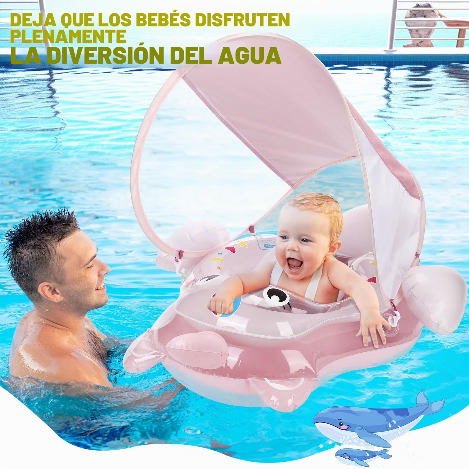 Flotador para Bebé, Flotador Bebe con Sombrilla SPF50+, Flotador Bebe Inflable con Cola de Apoyo Inferior Flotadores de Piscina para Bebés con Asiento Seguridad y Bomba para Bebé 8-24 Meses