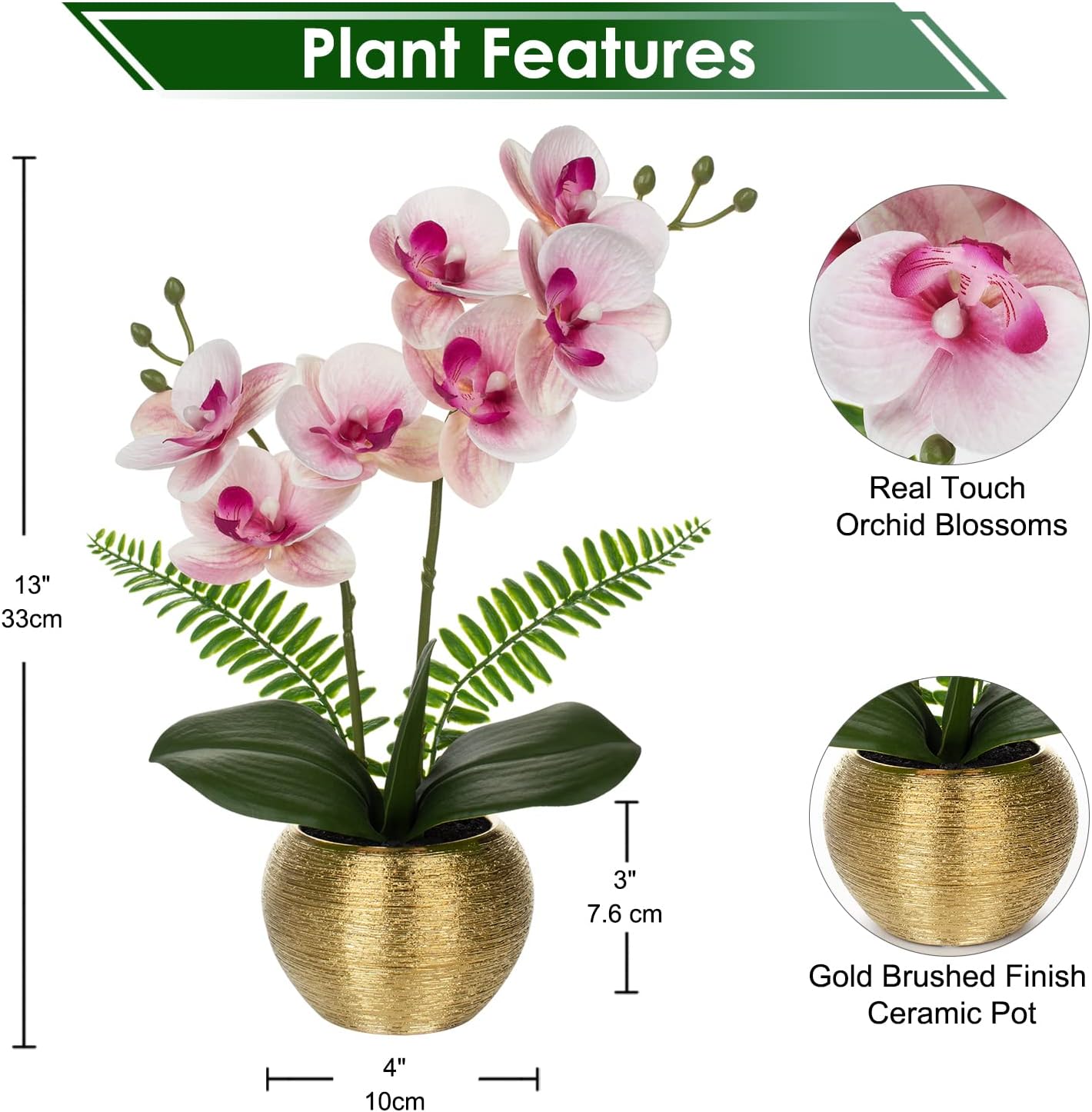 Briful Fake Orchid Fake Plant 13''Pink Orchids Artificial Flowers with Gold Ceramic Vase Faux Orchid for Home Office Gold Table Centerpiece Decor Indoor