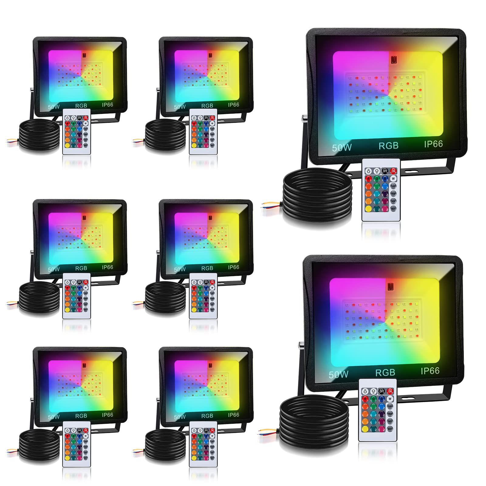 RGB Strahler, 8er 50W Bunt Dimmbar Fluter mit Fernbedienung, LED Scheinwerfer 16 Farben 4 Modi, Farbwechsel Fluter Memoryfunktion, IP66 Wasserdicht für Aussen Innen (kein Stecker)