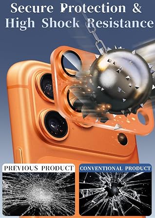 ZXZone iPhone 17 Pro用カメラレンズプロテクター、強力粘着アルミ合金&サファイアガラス素材 落下保護 9H強化ガラスカメラカバースクリーン メタルリング ケースフレンドリー 傷防止 取り付け簡単 オレンジ