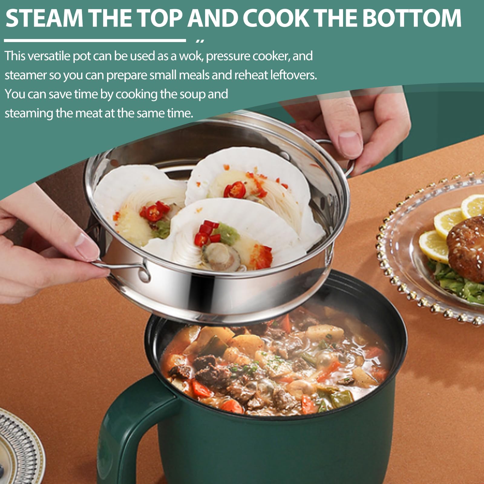 Hot Pot elettrico da 1,5 L, mini multicooker antiaderente portatile con vaporiera, fornello rapido per ramen e padella elettrica con controllo Dual Power, fornello da viaggio per casa, ufficio