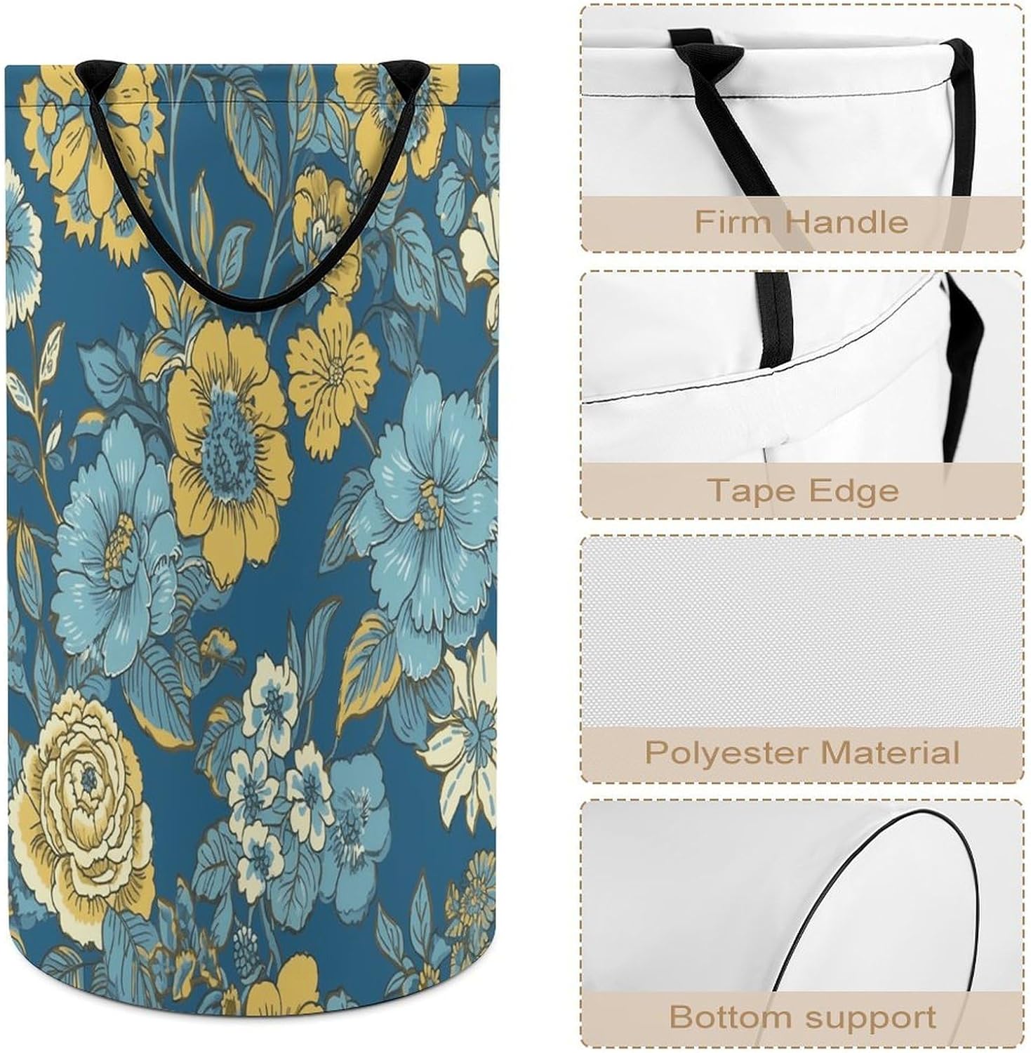 Blue And Yellow Flowers Laundry Hamper Fashion Dirty Laundry Hamper Portable Laundry Hampers with Handles Lightweight Large Clothes Storage Basket for Bedroom Bathroom