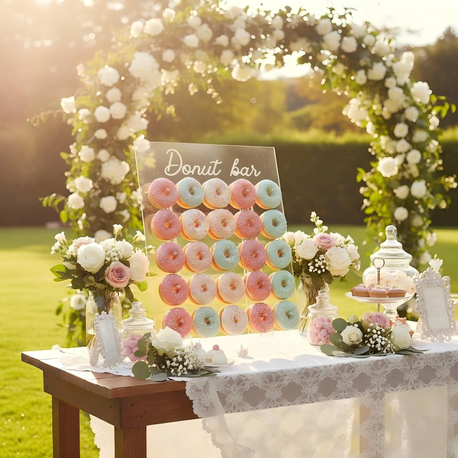 ZOOYOO Large Donut Wall Display Stand for 50 Donuts - 22x26 Inch Clear Acrylic Donut Holder for Party, Weddings, Birthdays -Dessert Table Centerpiece with 25 Pegs & Stable 8 Inch Base