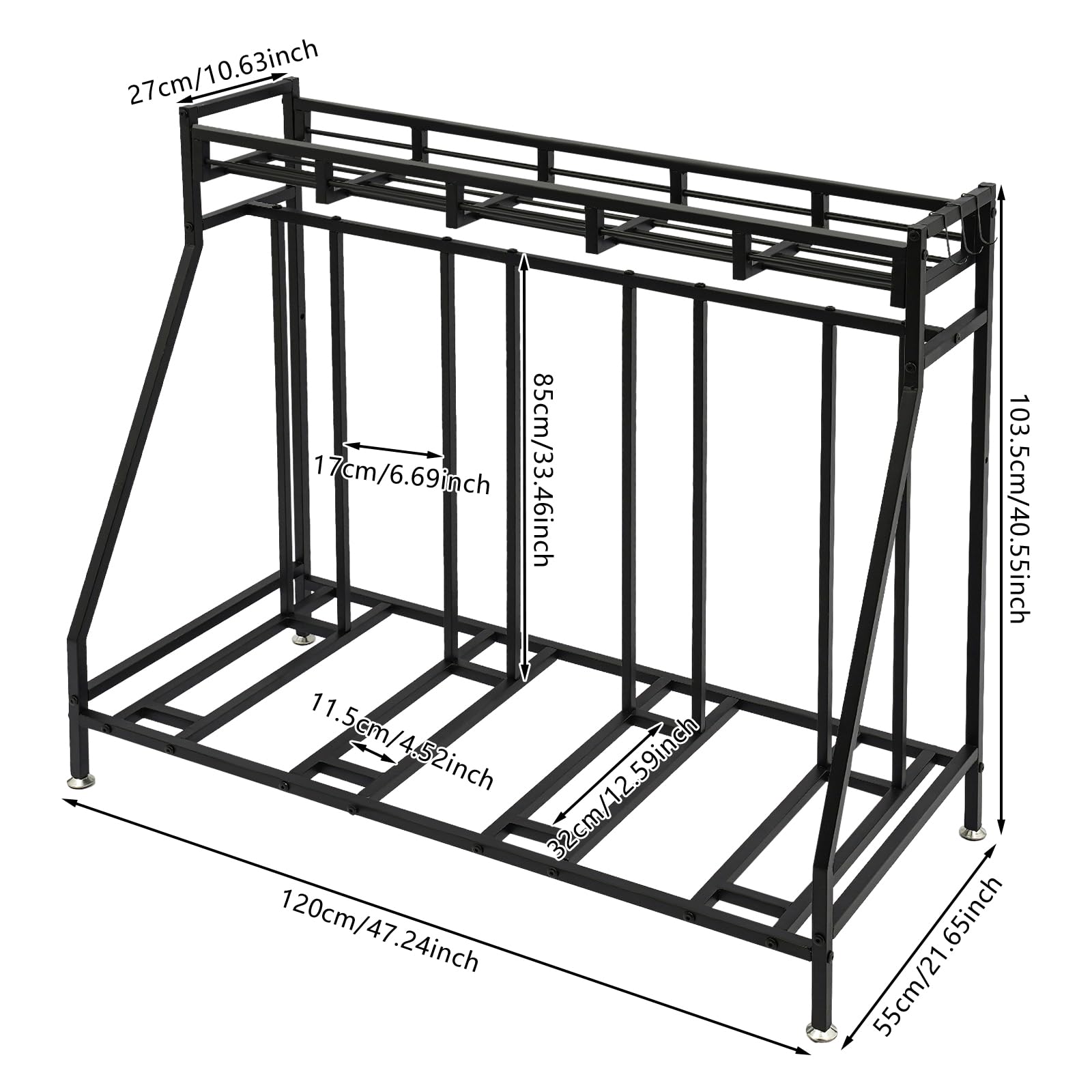 Fahrradständer Boden für 4 Fahrräder, mit Aufbewahrungskorb und 4 Haken, stabiler Metallrahmen, rostfrei und langlebig, platzsparendes Design, 100 kg Tragkraft, für Garage, Keller und Garten