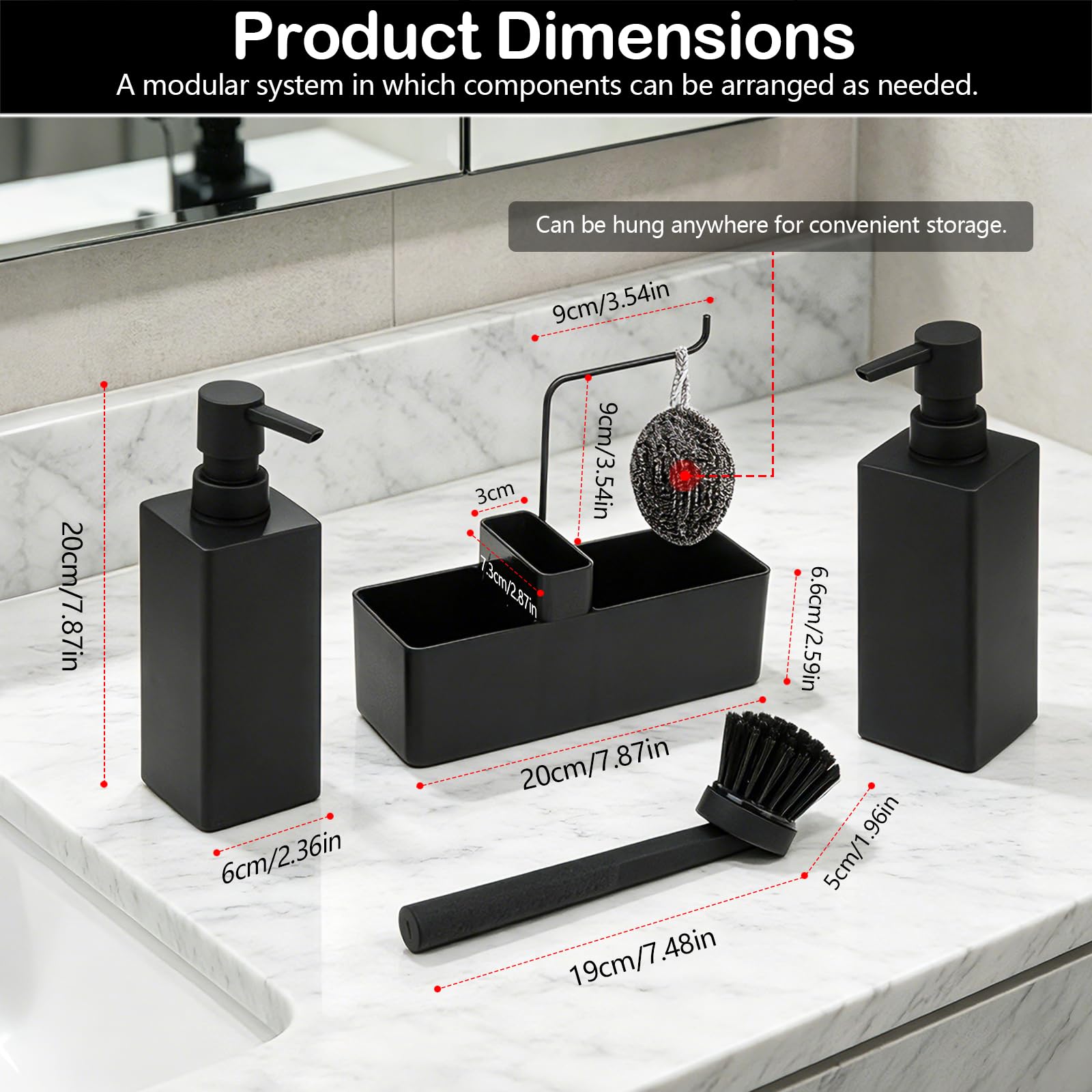 Set organizer per lavello nero a 5 pezzi, con 2 bottiglie, 1 scatola di stoccaggio, 1 spazzola e 1 pallina pulente, ideale per cucina o bagno