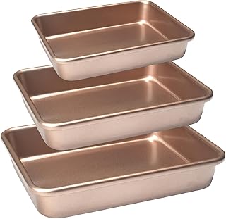 Set of 3 Rectangular Cake Pan, Carbon Nonstick Deep Baking Pans for Oven, Gold Cookie Sheet Toaster Oven Tray Bakeware for Brownie, Bread, Casserole