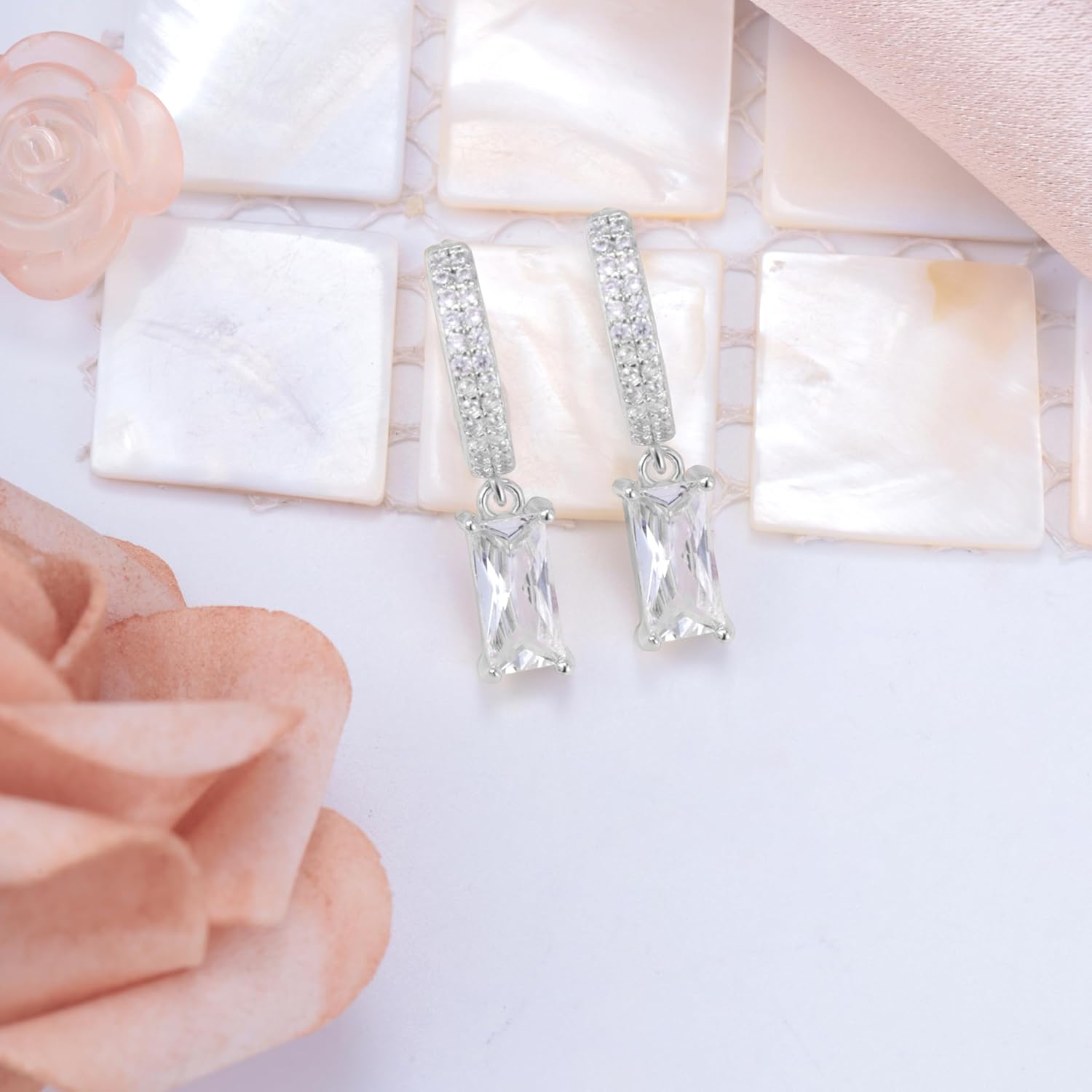 Sterling Silver Dangle Hoop Earrings - Sparkling Cubic Zirconia Hypoallergenic Square Loop Earrings Fashion Gifts for Her Mom Wife - Image 2