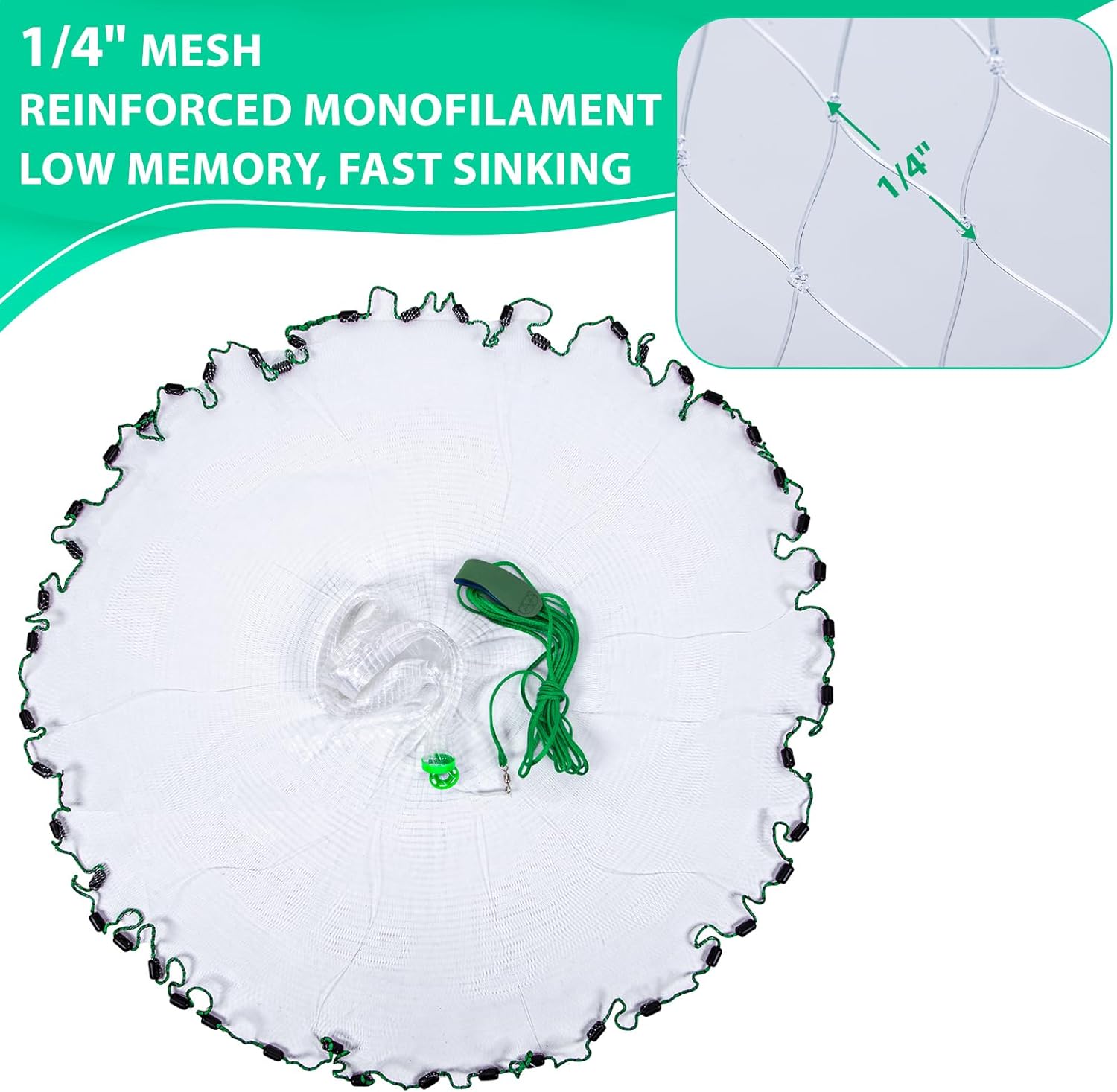 Goture American Fishing Cast Net Saltwater Freshwater, 3/8inch 1/4in Mesh Size Casting Net for Bait Fish Shrimp Trap, Black Sinkers, 3ft/4ft/5ft/6ft/8ft/10ft Radius Throw Cast Net with Needle