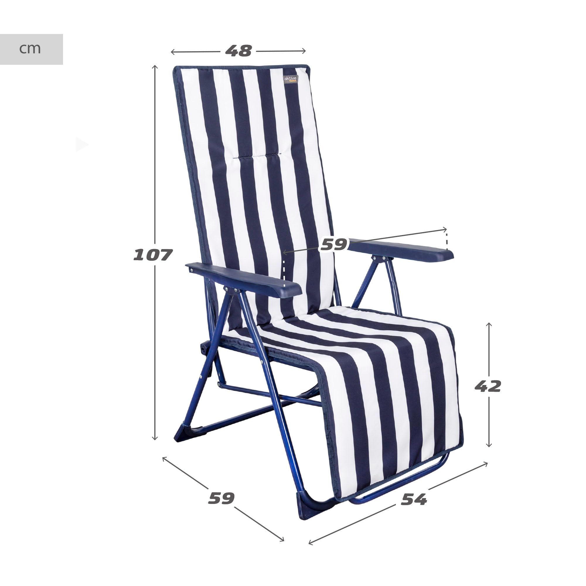 AKTIVE Lot de 2 Bains de Soleil pliants à Rayures Nautiques, 147x48x70 cm, Structure en Acier Ø22 mm, Assise rembourrée en térylène avec éponge, inclinable 5 Positions, Camping