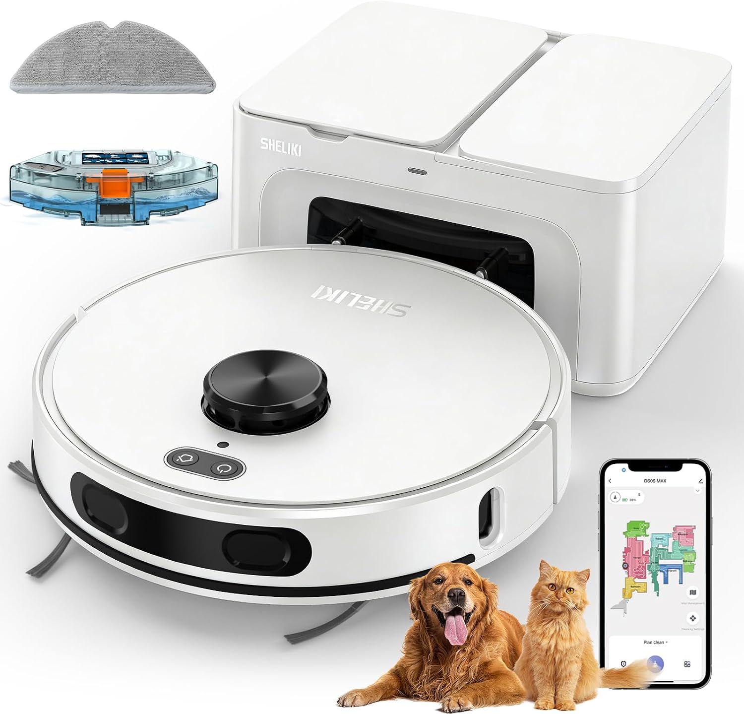 SHELIKI Robot Vacuum and Mop Combo, Self-Emptying Robotic Vacuums Cleaner Smart Mapping, 2-3 Months Hands-Free Base Strong Suction & LiDAR Navigation, 220 Mins Long Runtime for Pet Hair, Hard Floor
