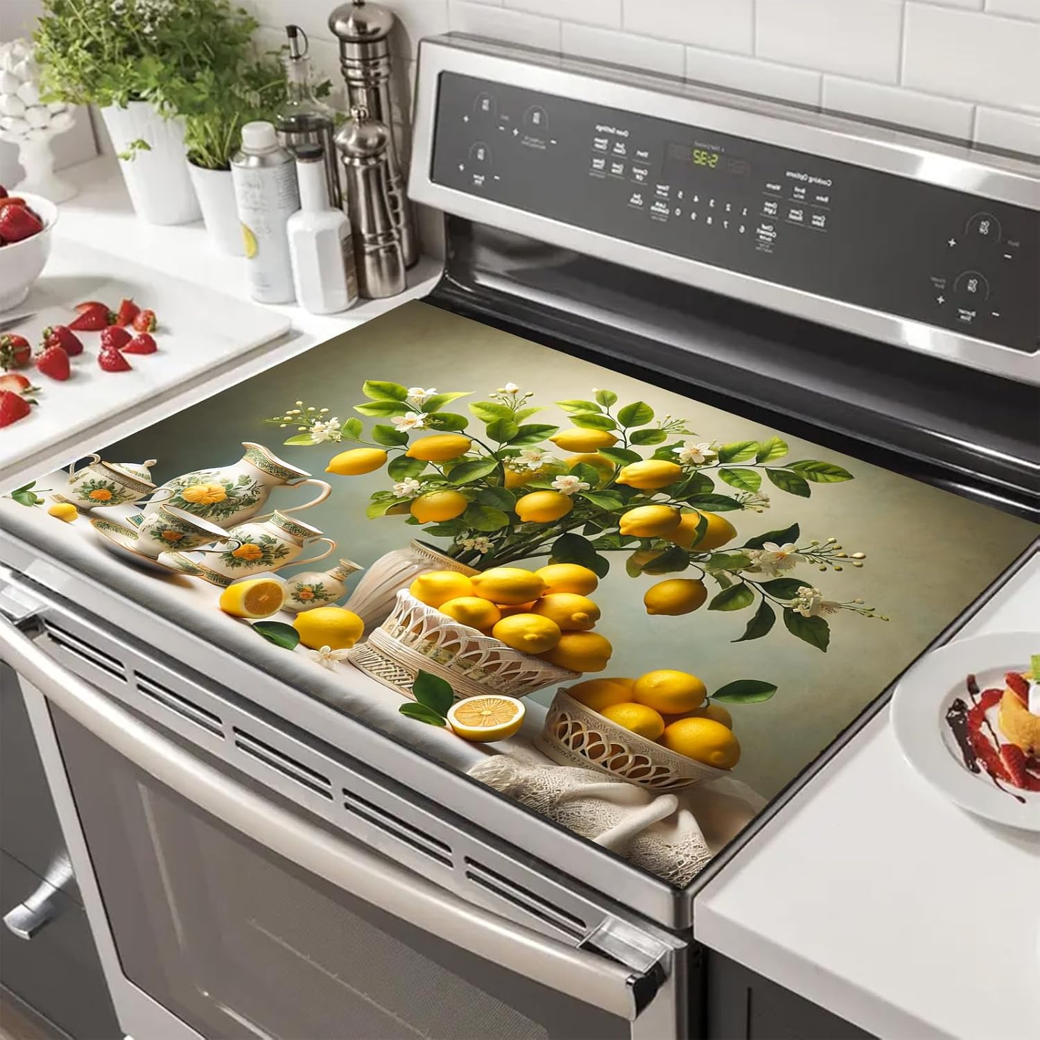 HOMETITUTE Lemon Blossom Stove Covers for Electric 28x20 Inches Diatomite Glass Top Stove Cover Protector Heat Resistant Non Slip Cooktop Covers Pad Decorative Kitchen Mat for Countertops and Sinks