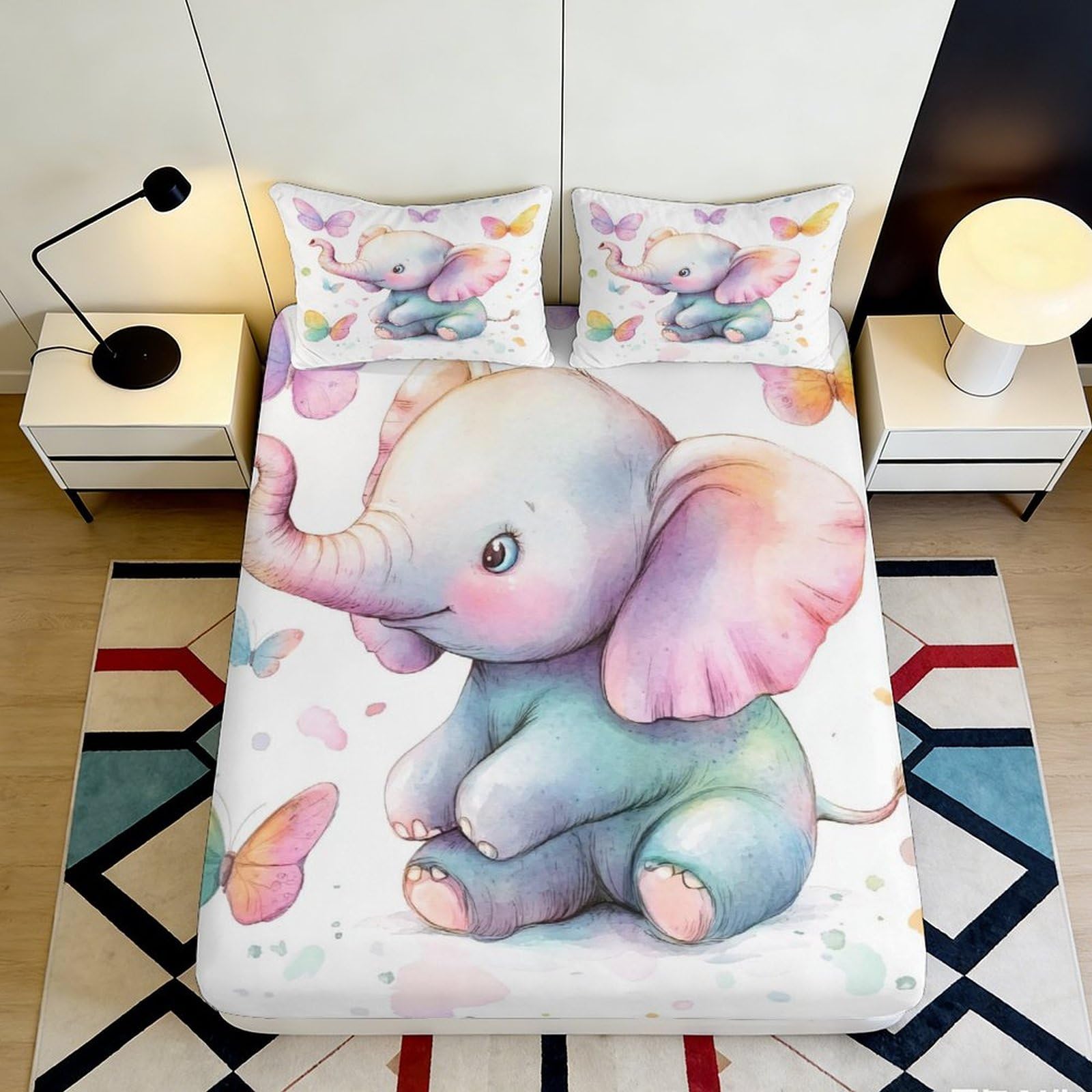 3D Printed Cute Elephant Fitted Sheet Microfiber Soft Pastel Butterfly Mattress Cover for Bedroom Dorm Easy Care Decor 90x200x25cm