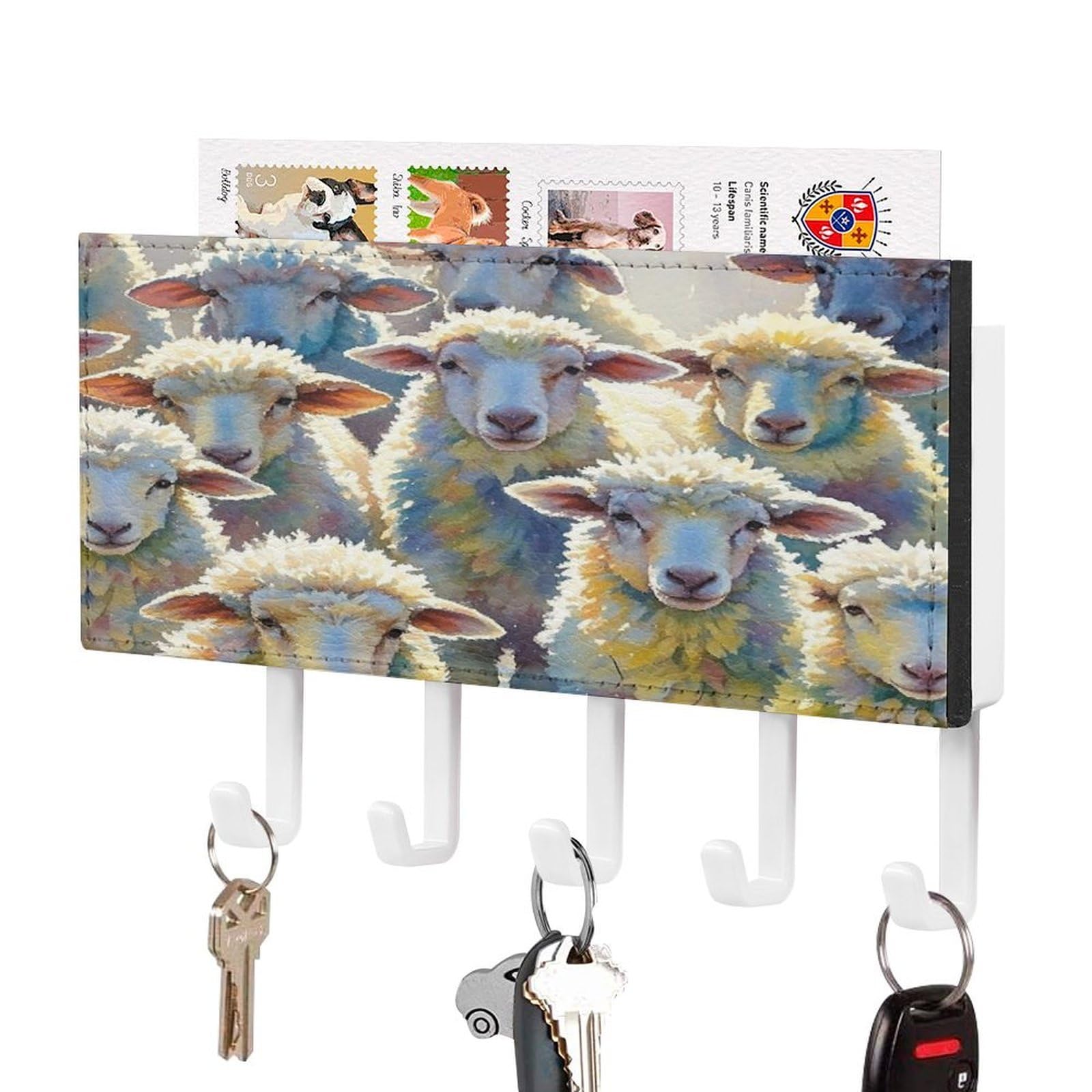 FekiLoot Watercolor Sheeps Key Holder Wall Mount Key and Mail Holder Key Hanger with 5 Hooks Decorative PU Key Rack Hanging Key Hooks for Wall Living Room Kitchen Bathroom Hallway White-Style