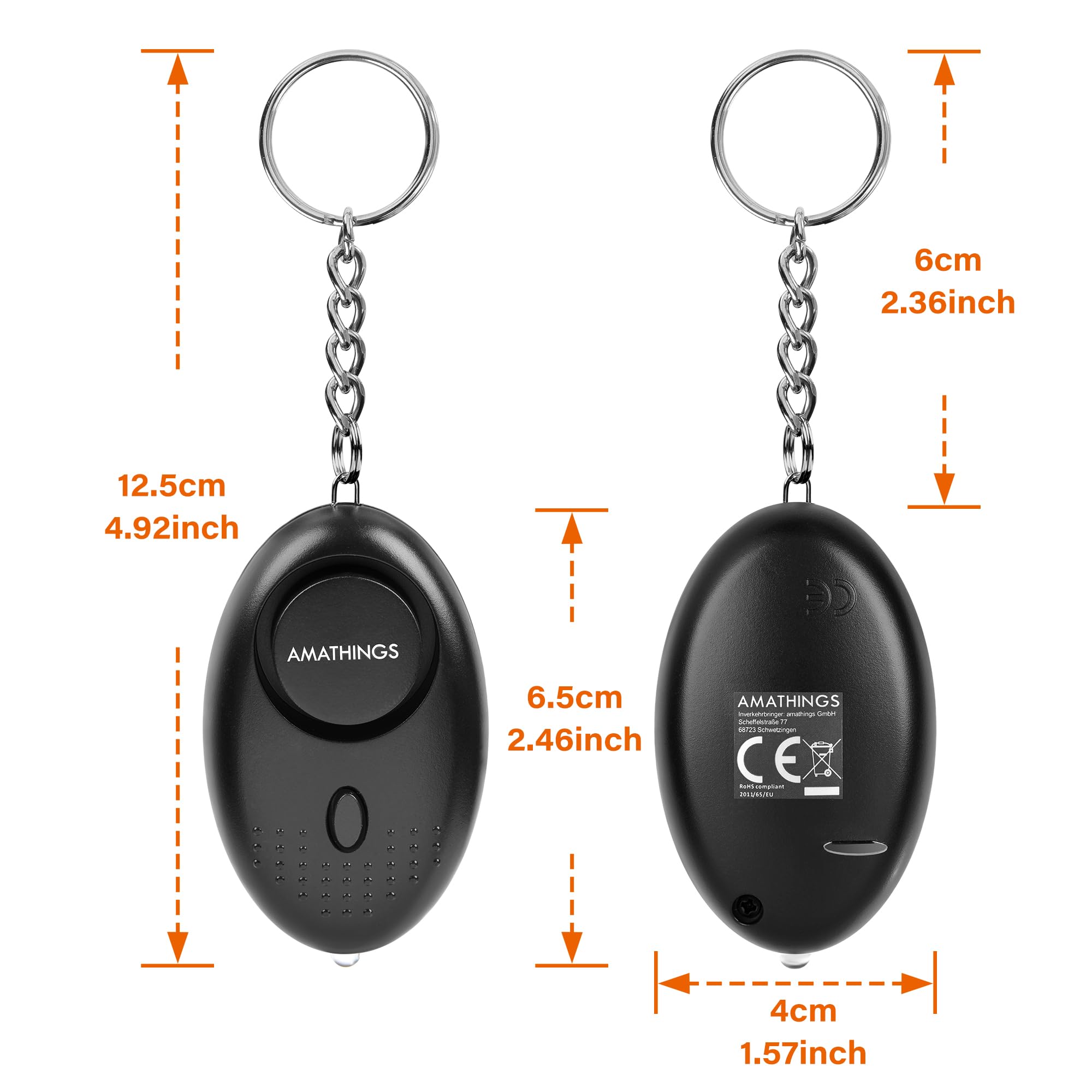 AMATHINGS Zestaw bezpieczeństwa 2w1: 130 dB alarm kieszonkowy i ergonomiczny Kubotan – kompleksowa ochrona dla kobiet i seniorów – Dyskretny zestaw do samoobrony do torebki i breloczka – Czarny