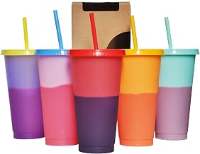 Color Changing Cups, 5 Pack 24oz Plastic Tumblers, Reusable Iced Coffee & Smoothie Cups with Lids and Straws for Parties and Travel