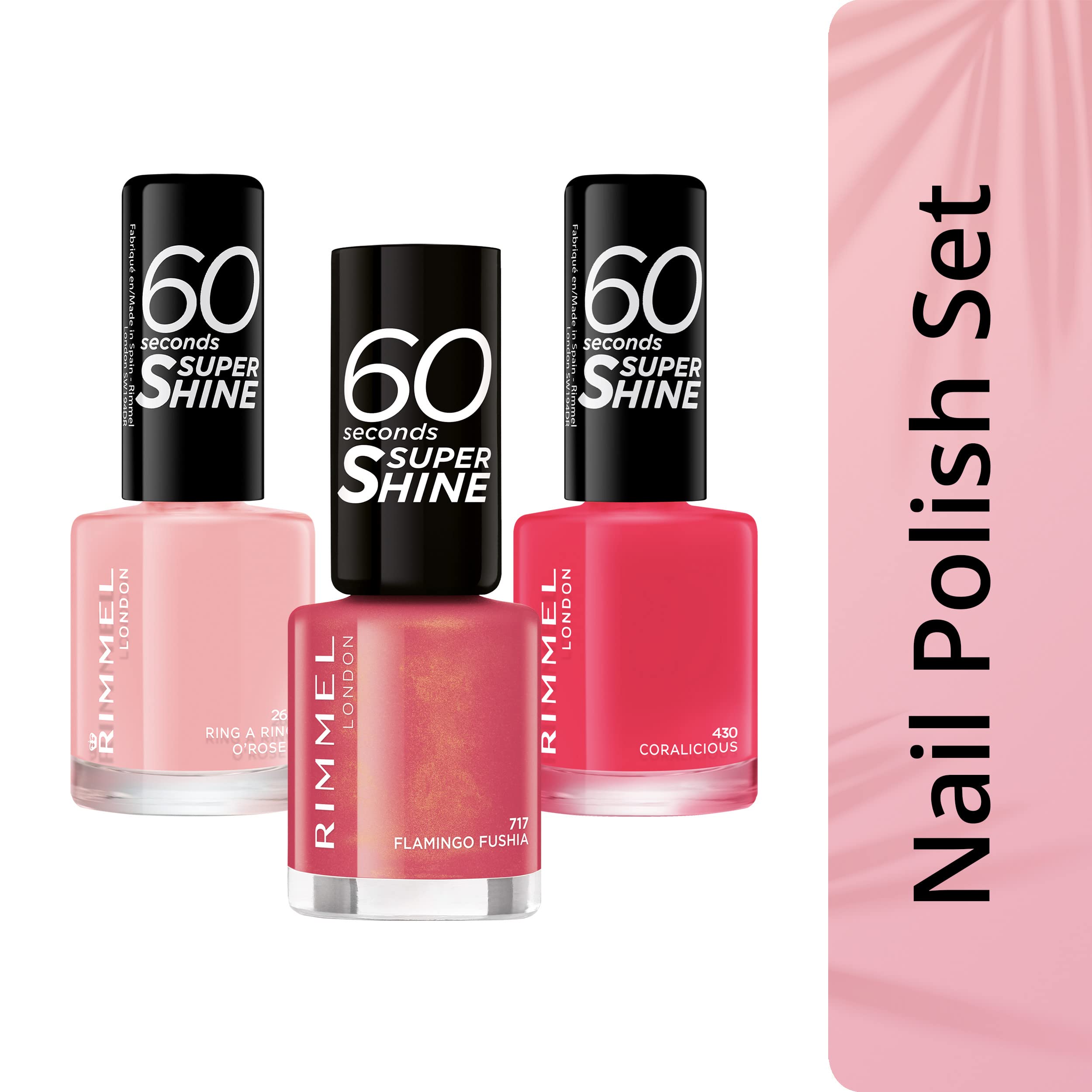 Rimmel London 60 Seconds Super Shine Smalto, Smalto asciugatura rapida, Colore vibrante, A lunga tenuta, 8 ml, 262 RINGARING Roses