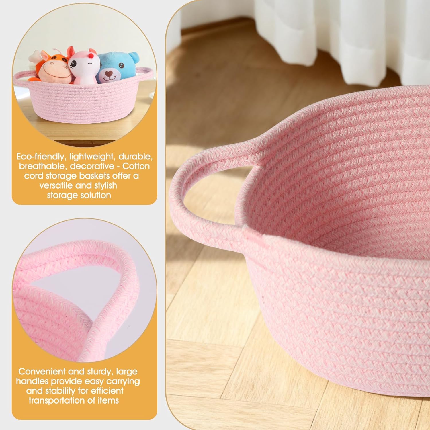 Small gift Basket with Bag and Ribbon Included,Cotton Rope Woven Storage Basket, Pink, Organic Cotton, 12x8x5 Inches, with Handles,Cute Baby Toy Basket - Image 7