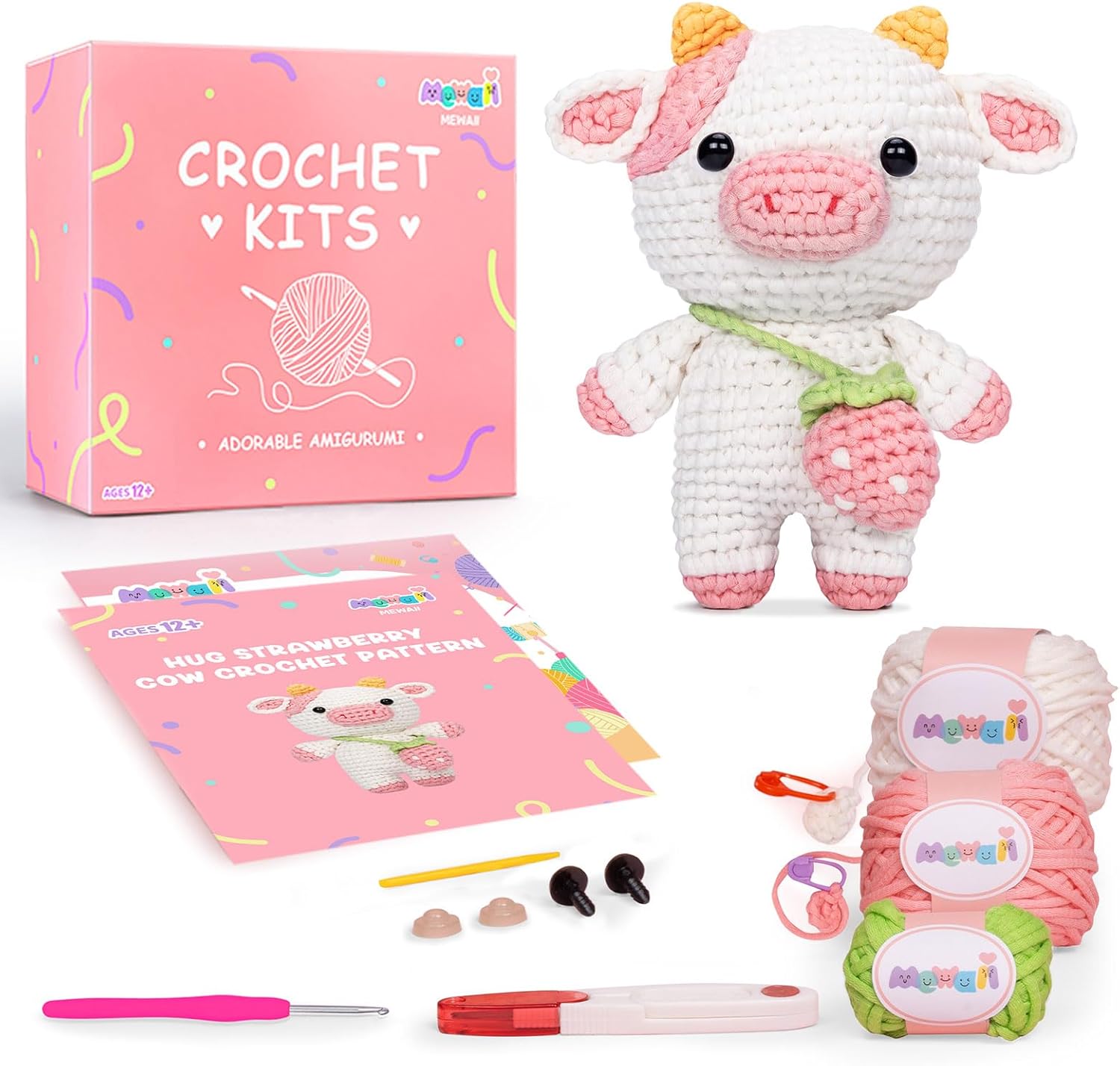 Mewaii Crochet Kit, Crochet Kit for Beginners with Easy Peasy Yarn, Complete DIY Kit Crochet Starter Kit with Step-by-Step Video Tutorials, Hug Strawberry Cow