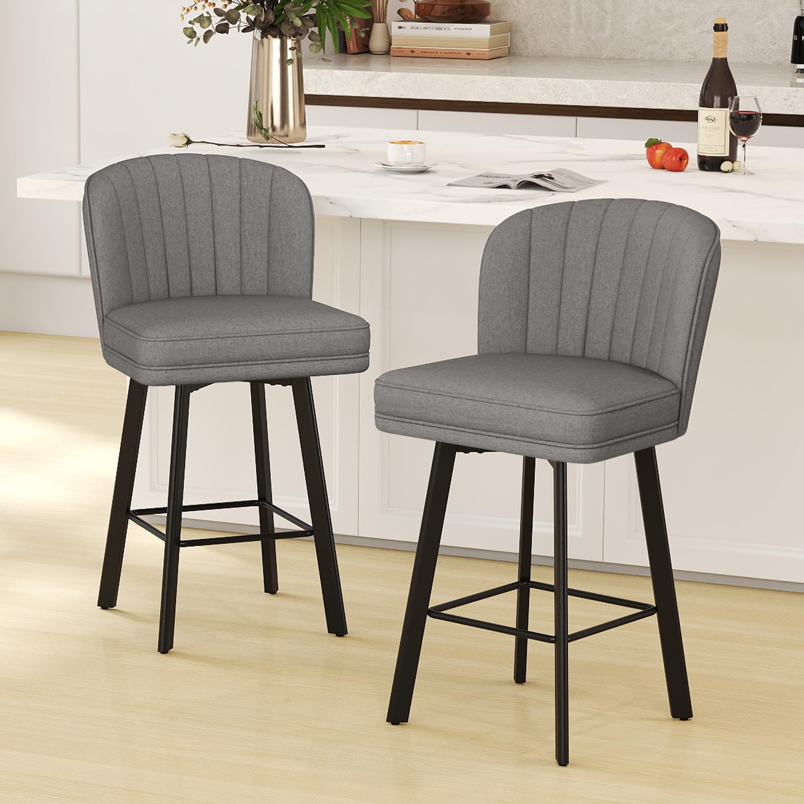 SAECKBERG Swivel Counter Height Bar Stools Set of 2, 26'' Modern Barstools with Backs and Metal Legs, Upholstered Bar Chairs,Mid-Gray,Fabric Stools