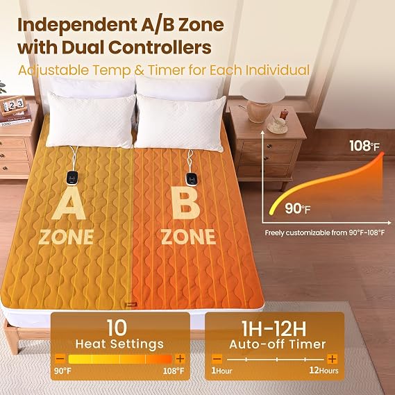 Bearhug Heated Mattress Pad Queen Size 60x80 with Zippered Detachable Cover, Dual Control Electric Bed Warmer Machine Washable with 10 Heat Settings & 12H Auto Off Winter Essentials