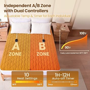 Bearhug Heated Mattress Pad Queen Size 60x80 with Zippered Detachable Cover, Dual Control Electric Bed Warmer Machine Washable with 10 Heat Settings & 12H Auto Off Winter Essentials