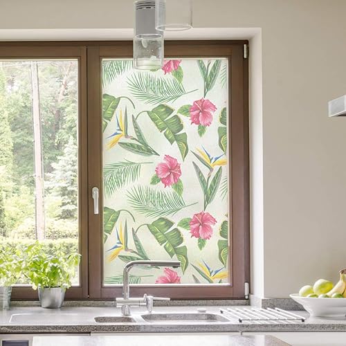 RoyalWallSkins - Lámina decorativa estática para ventana impresa en films esmerilados de palmeras Hibiscus para privacidad en casa y en la oficina,
