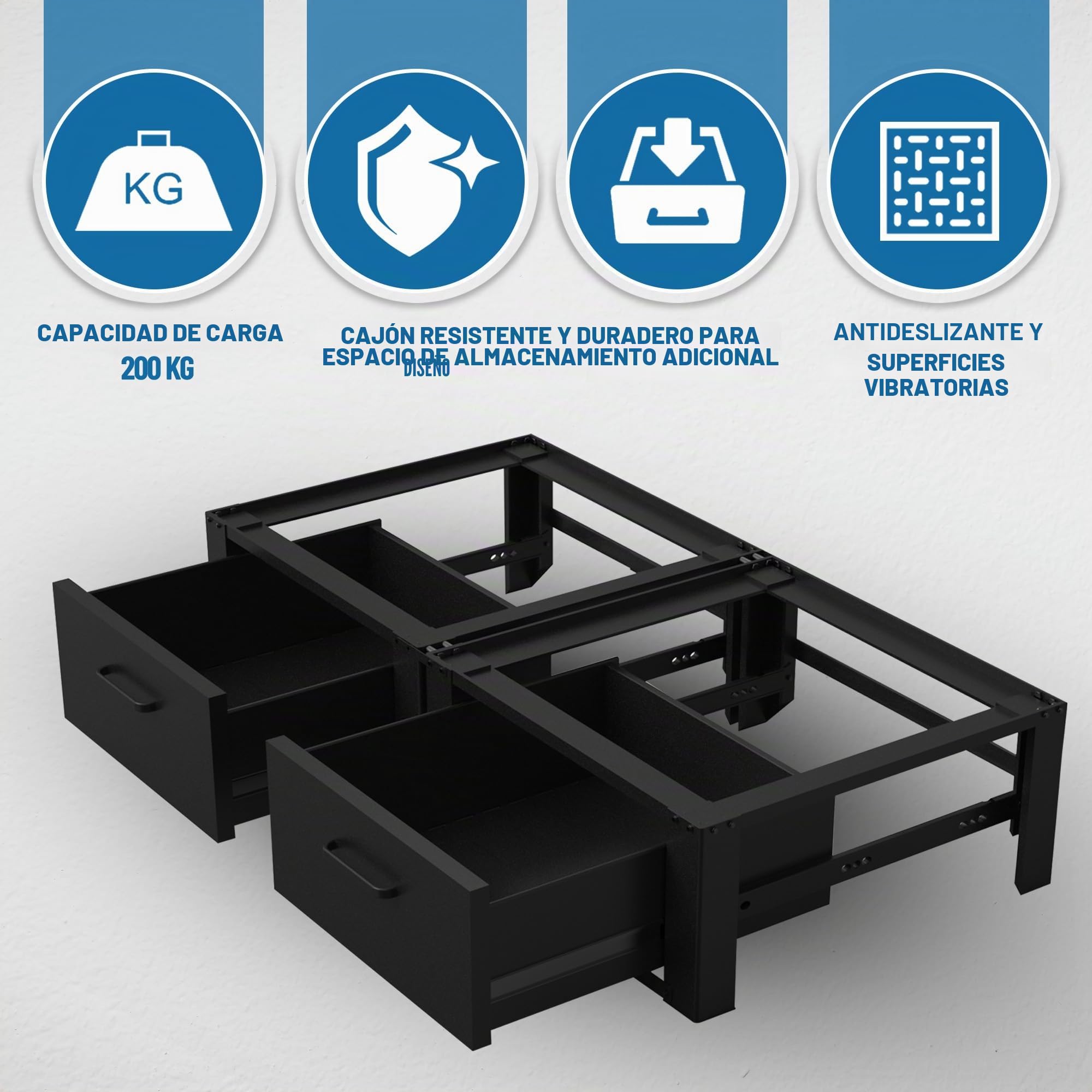Vonia Lavadora Elevador con 2 Cajones - Base para Lavadora 127 x 54 x 31 cm hasta 200 kg - Pedestal para Lavadora Acero Aluminio Negro