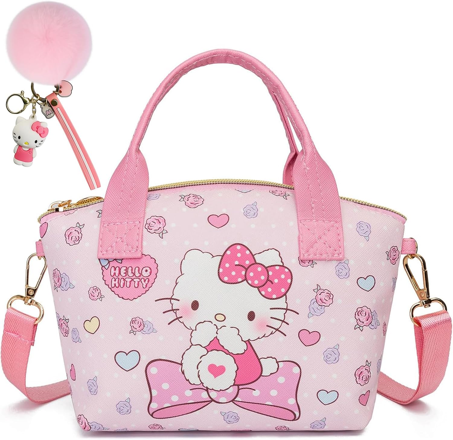 Cute Mini Pink Crossbody Bag with Pom Pom Keychain – Soft PU Leather Shoulder Messenger Purse for Women & Girls