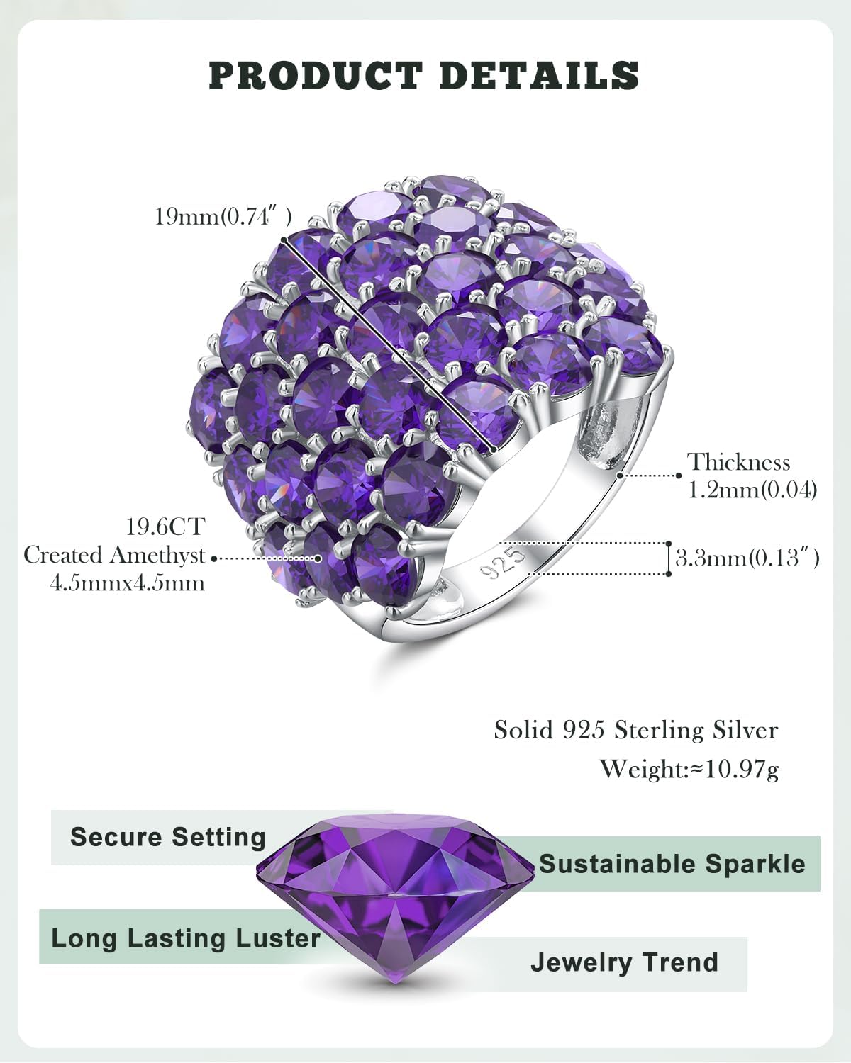 Pave Gemstone Birthstone Statement Rings for Women Men 925 Sterling Silver/14K Gold Plated Chunky Dome Ring Birthday Cocktail Jewelry Rings, Size 6 to 10(with Gift Box)