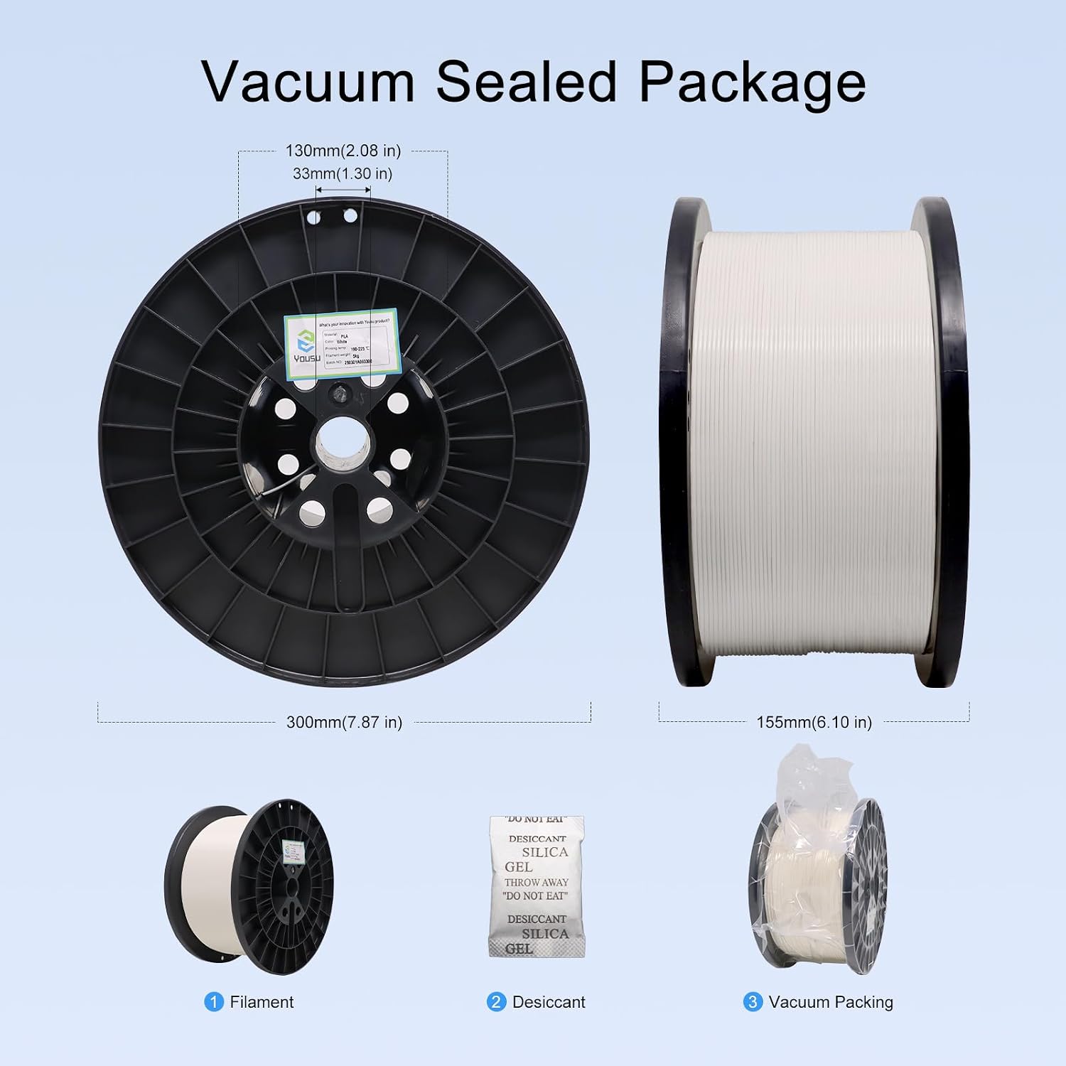 YOUSU PLA 5kg 3D Printer Filament Bundle 1.75mm, Print with Most FDM 3D Printers, 11lbs, 1 Pack 5kg Large Spool, Accuracy +/- 0.02mm, White