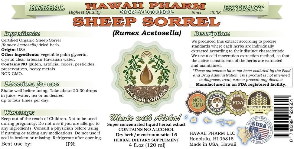 Hawaii Pharm Sheep Sorrel Alcohol-Free Liquid Extract, Professional Grade, Small Batch Crafted Sheep Sorrel (Rumex acetosella) Dried Herb Glycerite Natural Herbal Supplement, 64 fl.oz
