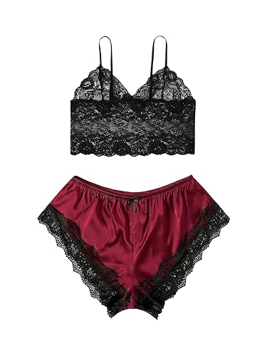 SOLY HUX Women's Plus Size Pajama Set Lace Satin Lingerie Bralette Tops and Shorts Sleepwear - X-Large Plus - Red and Black