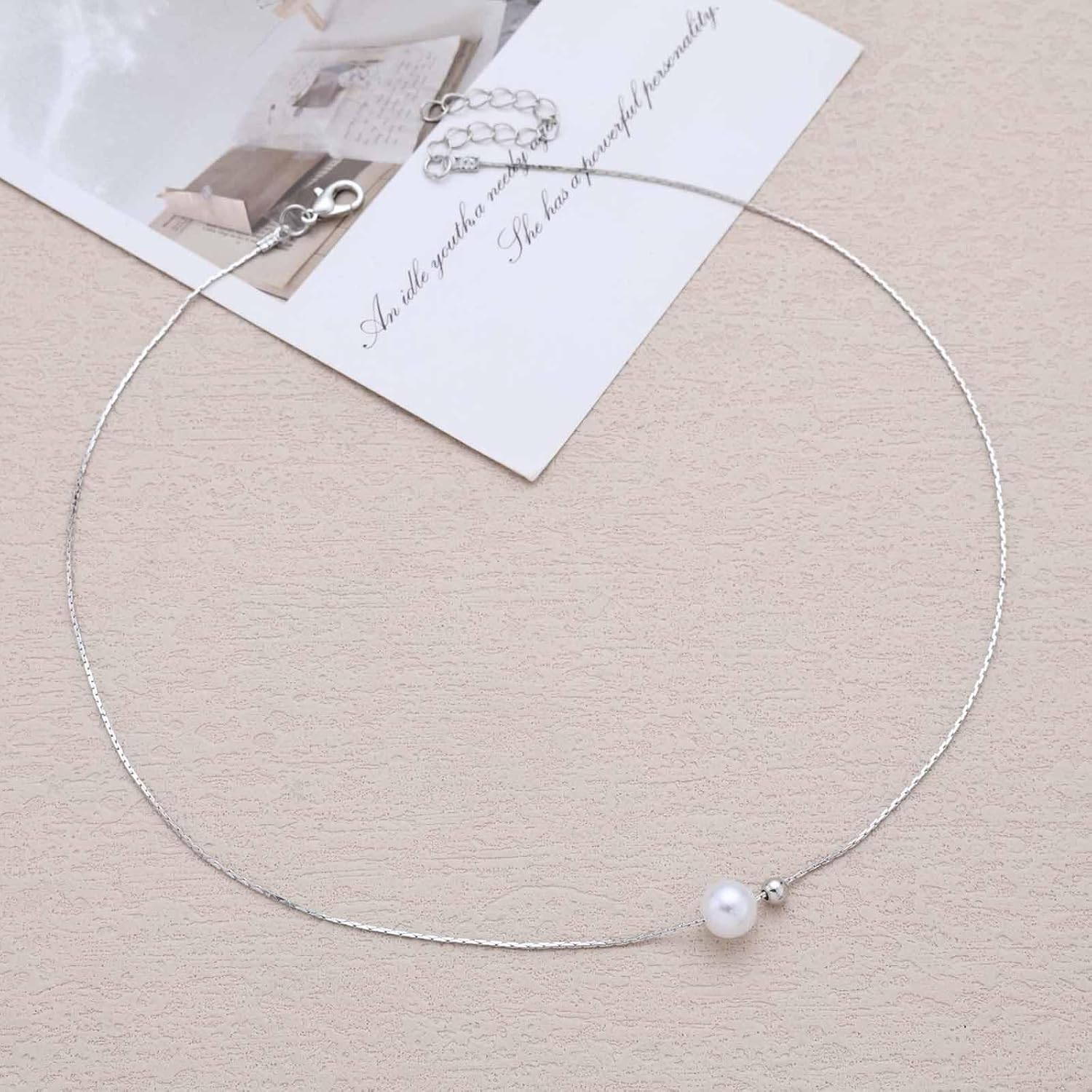 Vintage Pearl Pendant Necklace Boho Pearl Chain Necklace Silver Thin Chain Necklace Floating Pearl Choker Necklace Ball Collar Necklace Jewelry for Women - Image 3