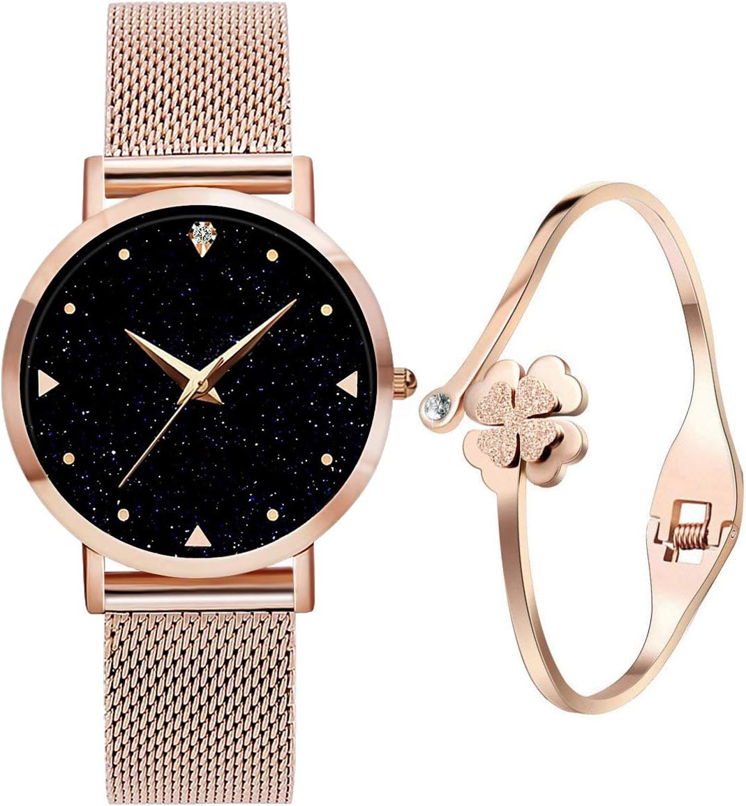 UEOTO Ladies Watches with Bracelet, 3ATM Waterproof Analogue Quartz Watches with Rose Gold Stainless Steel Mesh Strap for Women, Lady Wrist Watch with Blue Elegant Starry Sky Dial