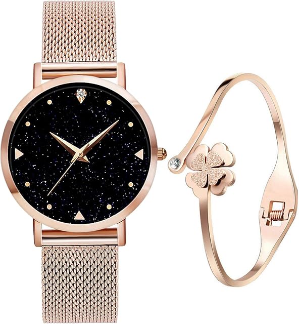 UEOTO Ladies Watches with Bracelet, 3ATM Waterproof Analogue Quartz Watches with Rose Gold Stainless Steel Mesh Strap for Women, Lady Wrist Watch with Blue Elegant Starry Sky Dial
