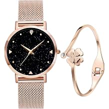 Armbanduhr Damen Analog Quarz Damenuhr mit Rosegold Edelstahl Armband 3ATM Damen Uhren mit Blau Sternenhimmel-Zifferblatt Frauen
