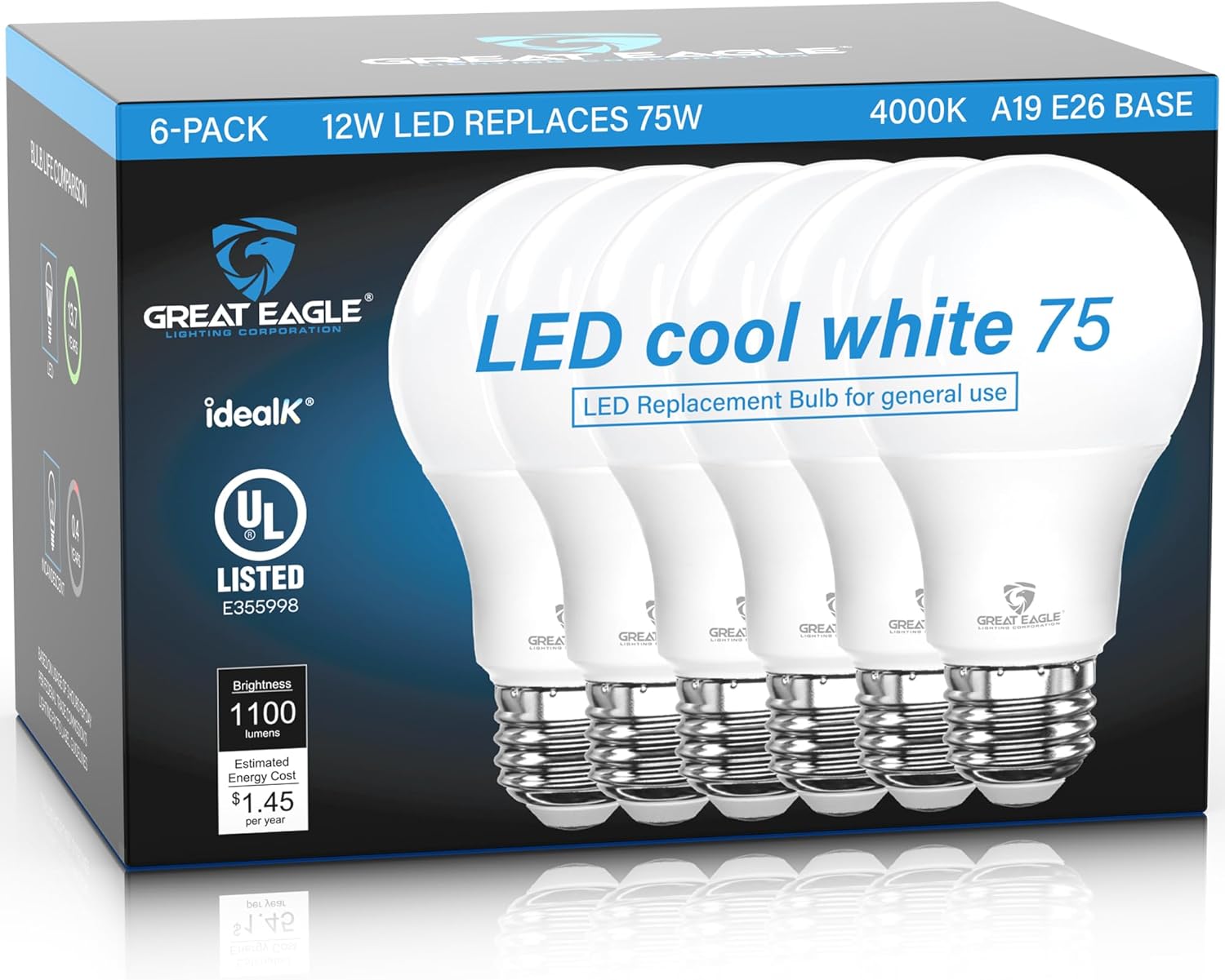 Great Eagle A19 Led Bulbs 75 Watt Equivalent - UL Listed - Cool White 4000K 75 Watt Led Light Bulbs - Non Dimmable - Standard Replacement (6 Pack)