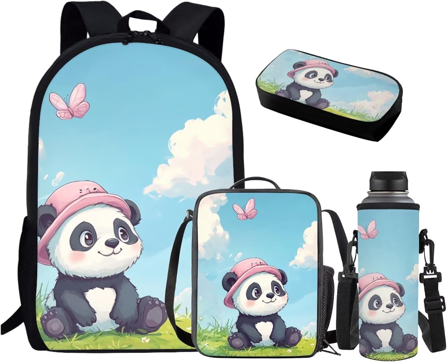 Cartoon Panda Kids Backpack for Girls Elementary School Bookbag Daypack 4 Pcs Lighweight Children School Bag Outdoor Travel Backpack with Lunch Box Pencil Case Water Bottle Holder