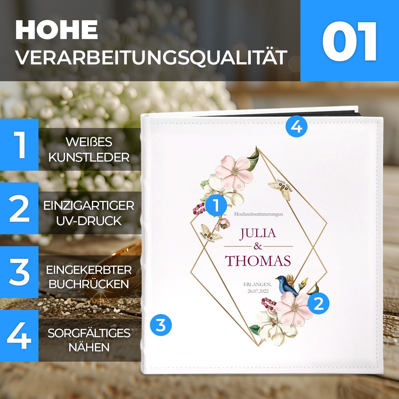 Maverton Fotoalbum zum Selbstgestalten mit Aufdruck - für 240 Fotos 10x15-60 schwarze Seiten - Größe 33x30cm - Weihnachtsgeschenke - Weiß - personalisierte Geschenke zum Hochzeitstag zur Hochzeit