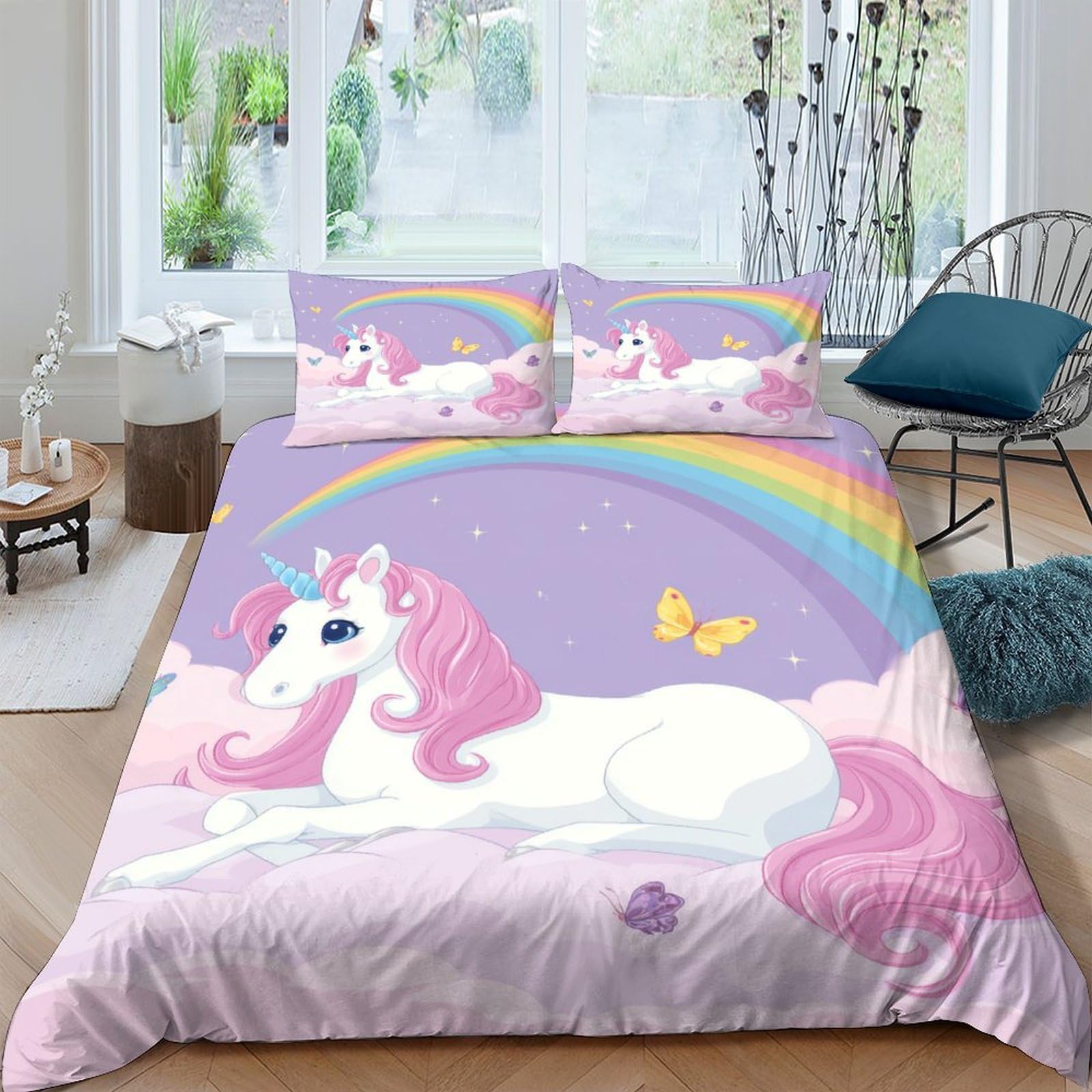 Ctjqhvkz Style-4 3D Printed Rainbow Unicorn Fitted Sheet Microfiber Soft Decorative Butterfly Bed Cover For Bedroom Guest Room Dorm Mattress Protection Single（135X200cm）