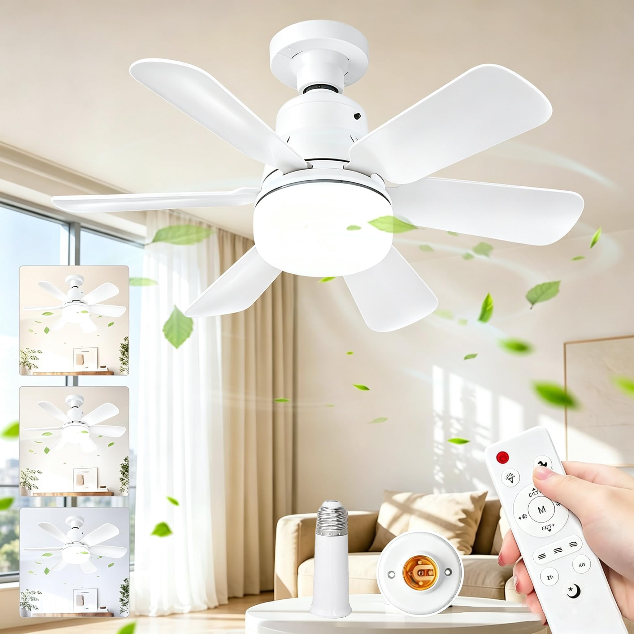 Ventilateur De Plafond Avec Lumière Et Telecommande, Ultra-Silencieux Lustre Ventilateur De Plafond Avec Douille E27,3 VitessesRéglage continu Luminosité et Température de Couleur pour Chambre