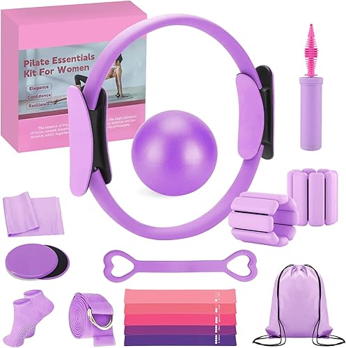 Kit de pilates para entrenamientos en casa Juego de equipo de pilates con anillo, pelota, bandas de resistencia, accesorios de pilates, kit