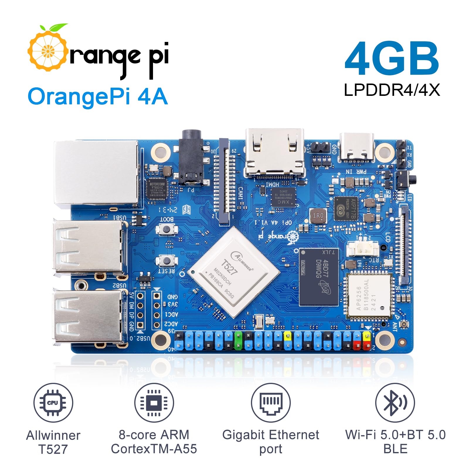 4A 4GB LPDDR4/4X Allwinner T527 8 Core Single Board Computer, RISC-V Co-Processor 2 Tops NPU 1.8GHz Frequency Wi-Fi 5.0+BT 5.0,BLE Run Ubuntu, Debian, Android13