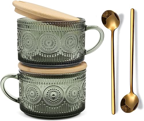 Juego de 2 tazas de café vintage, color verde, recipientes de avena durante la noche de 14 onzas con tapas y cucharas de bambú, tazas de desayuno de