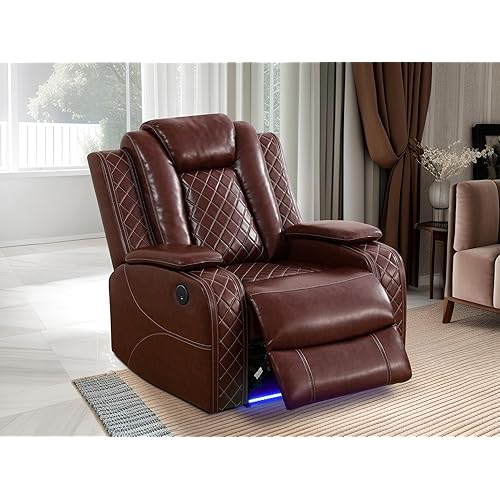 Living Room Furniture Brown Breathing Leather Reclining Sofa Power Recliner Manual Adjustable Ergonomics Chair with UPS Port/LED Light for Living Room, Office, Rv Car