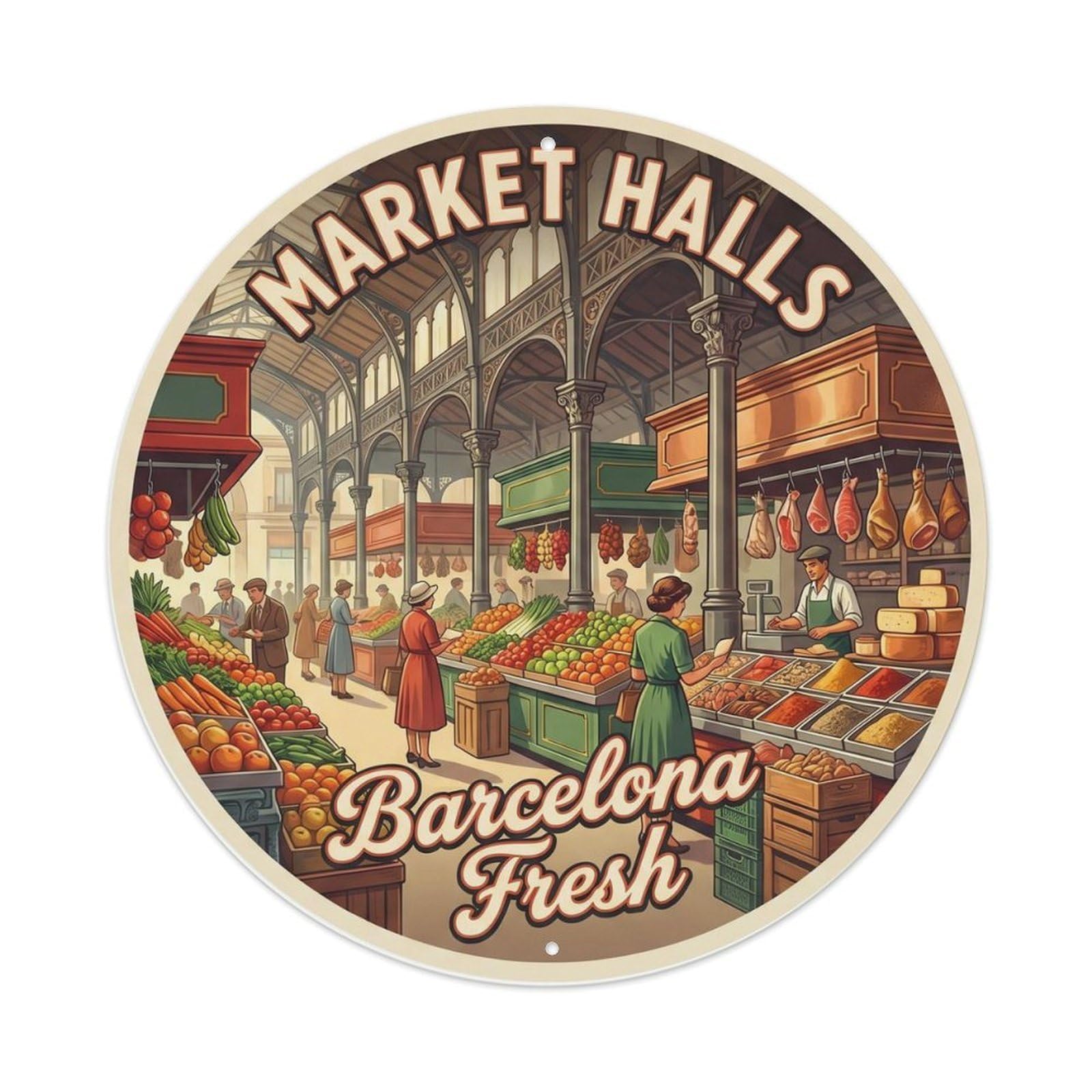 Retro Barcelona Catalan Market Hall Landmark Architecture Metal Tin Sign Plaque Wall Decor for Cafe, Man Cave, Club Bar, Office, Home Garden Round Metal Poster 8x8Inch