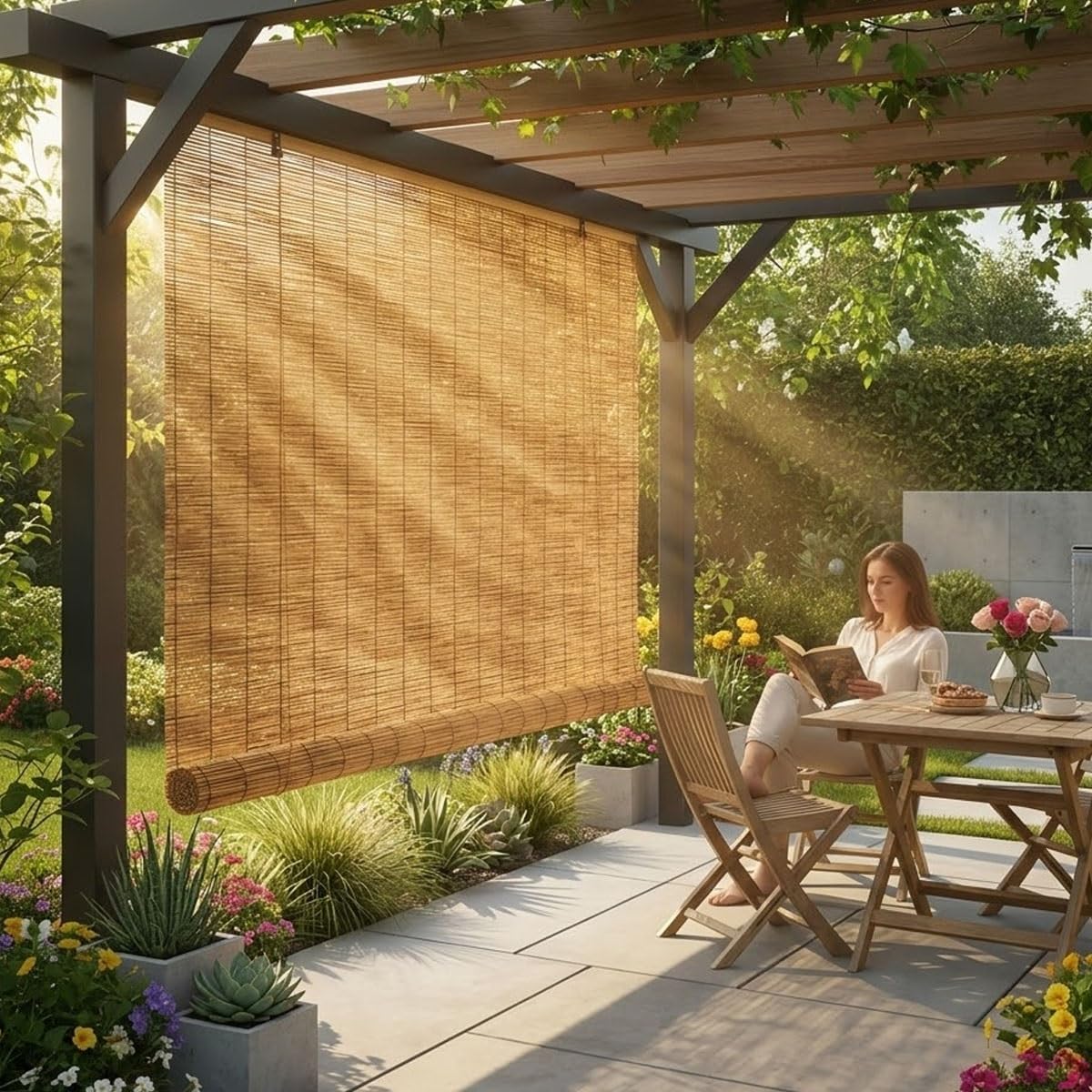 Bambusrollo aussenbereich 85 100 120 140 160 155cm Breit Balkon sichtschutz Bambus Rollo Schilf Vorhang Wetterfest Seitenzugrollo Outdoor(100W x 220H cm)