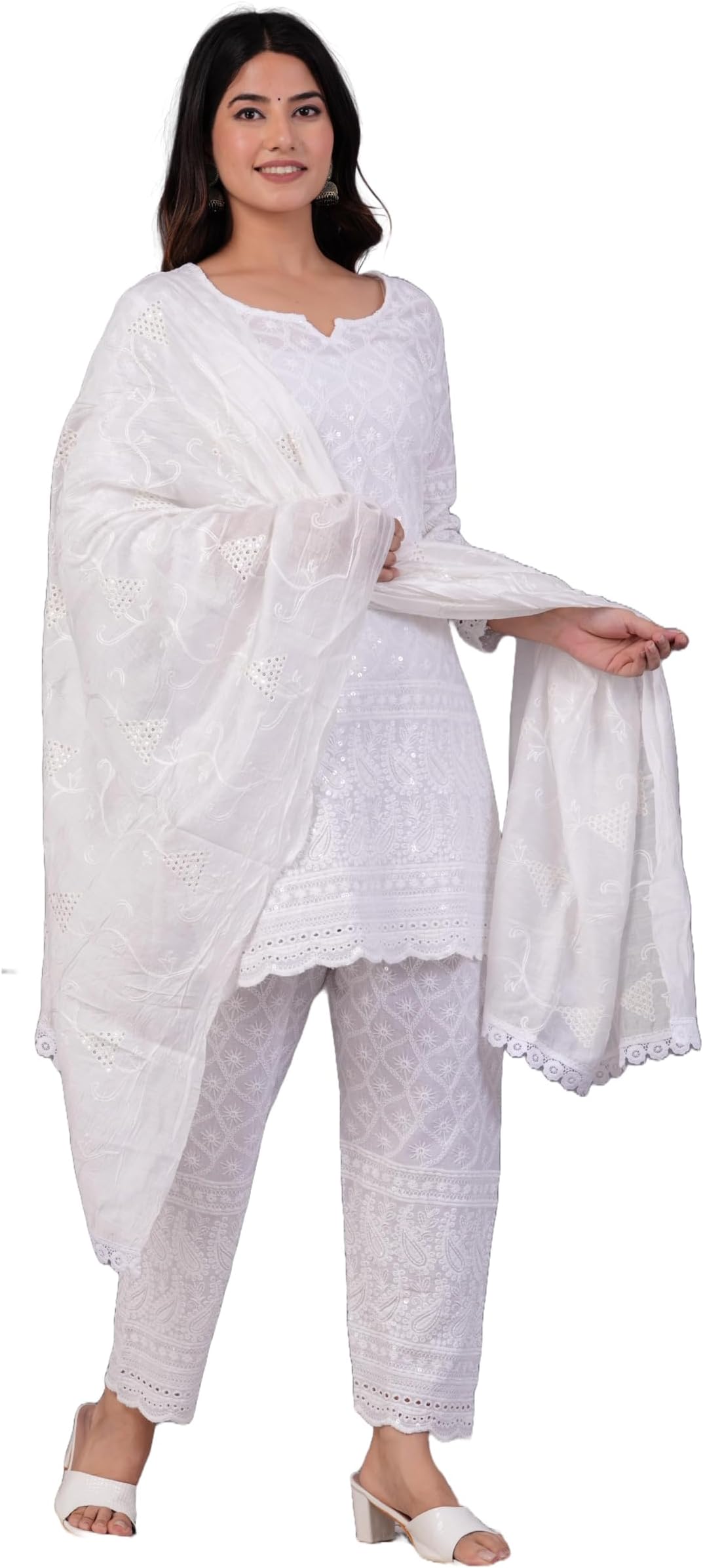 Indian Kurtis for Women Pakistani Salwar Kameez Suit Set Indian Dresses Chikankari White Kurti Pant & Dupatta Set (XL)