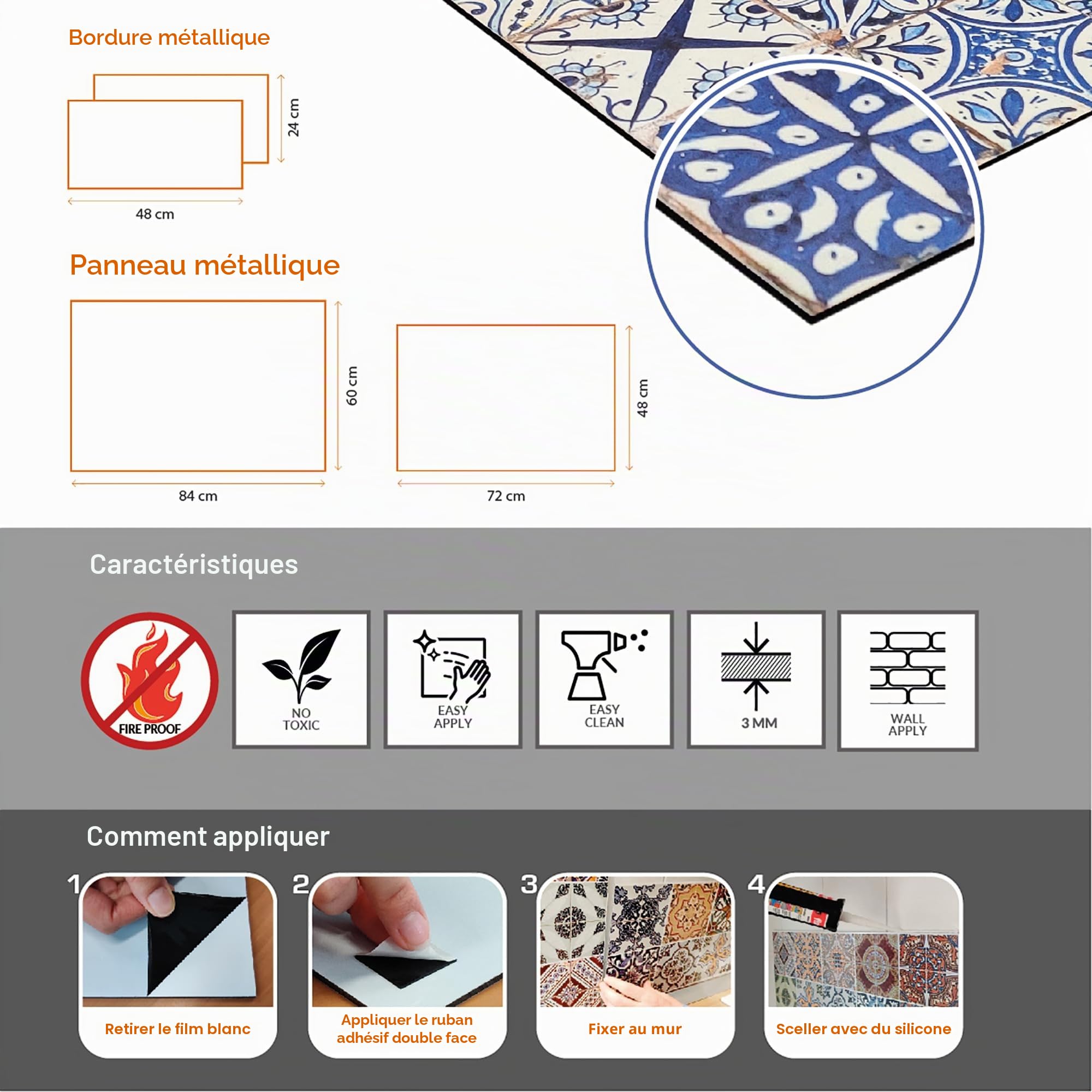 CREARREDA Panneau anti-éclaboussures de cuisine en aluminium brossé 84 x 60 cm, facile à appliquer, fabriqué en Italie, protection pour cuisinière et mur. Lavable et facile à assembler