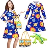 3 Pcs Women Halloween Teacher Costume Set Vintage Long Sleeve Dress with School Bus Bag for Halloween Role Play Party